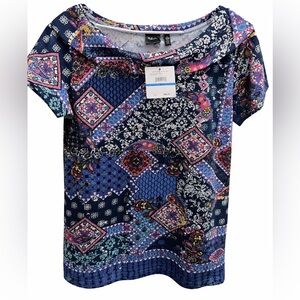 NWT Rafaella Blue Patchwork Print Short Sleeve Top XL